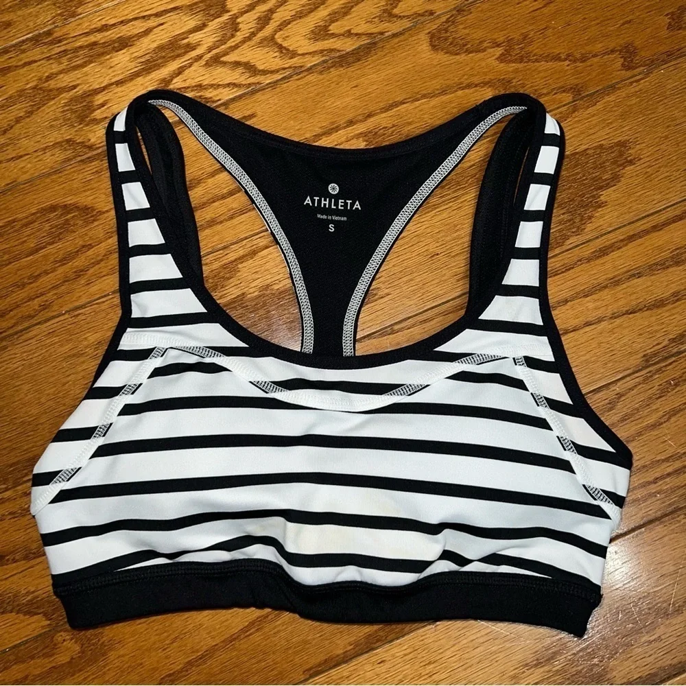 Athleta Triple Dare Black and White Striped Racerback Sports Bra Size Small